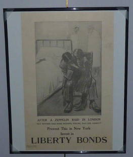 Louis Raemaekers WWI Zeppelin Raid Poster Liberty Bonds: WWI Poster for U. S Liberty Bonds. Disturbing Image of a child with her devastated Father sitting by an empty hospital bed . Caption reads : After a Zeppelin Raid In London "But Mother Had Done Nothin