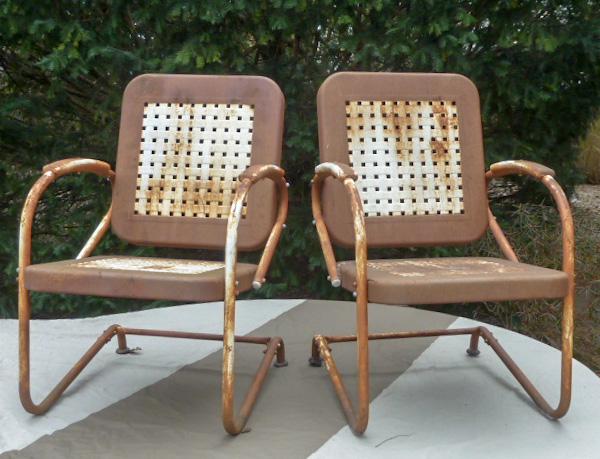 Pair Vintage Lattice Pattern Metal Porch Chairs (1 of 3)