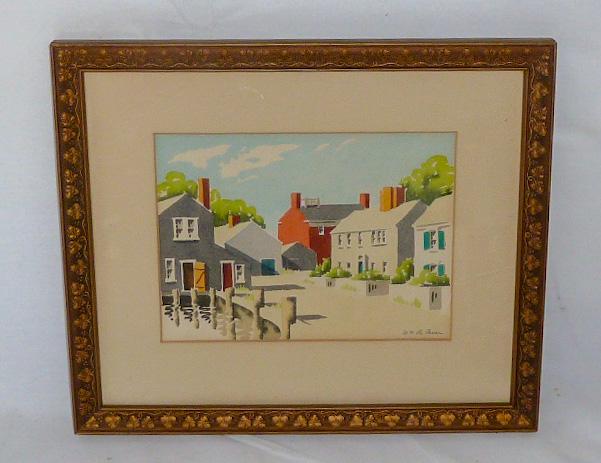 Doris & Richard Beer "Easy Street" Watercolor 1940's: Doris & Richard Beer (1898-1967 & 1893 -1959) Watercolor on paper " Easy Street , Nantucket" circa 1940, signed lower right D&R Beer in pencil, with original onion skin title on reverse. Frame 12" by 