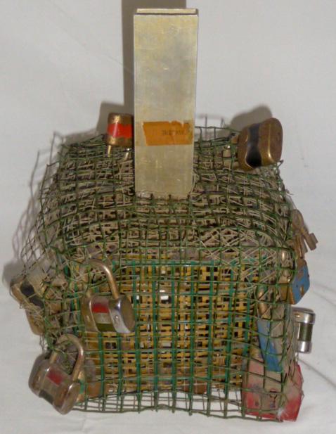Edgar Winters Abstract Bank Given To His Manager Teddy Slatus: Edgar Winters gave this bank to Teddy Slatus , he was Edgar Winters manager. Edgar Winter may have made this bank for him. Pretty Cool Looking â€¦ cage of metal surrounded by green chicken wire an