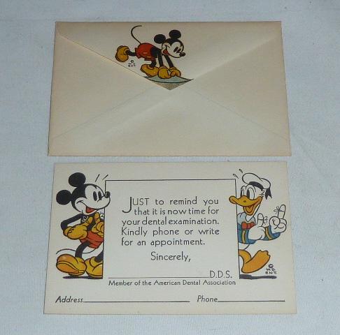 1930's Mickey & Donald American Dental Association Card: Mickey and Donald with string on their fingers to remind you that it's time for your dental examination W.D.E. â€¦. How cool is thatâ€¦ Plus it comes with the original Mickey Mailing envelope�