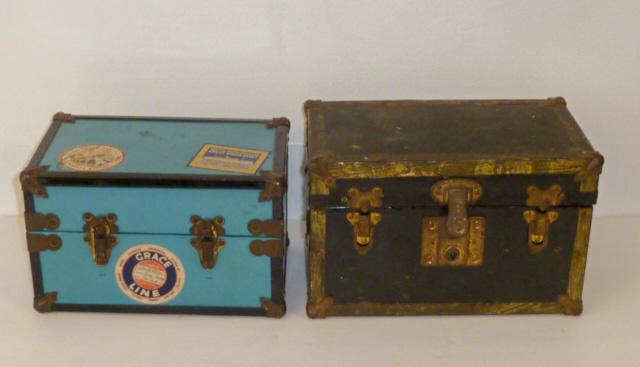 Antique Metal Steamer Doll Trunk - Wallpaper Interior + Black and Gold Metal Steamer Doll Trunk (1 of 14)