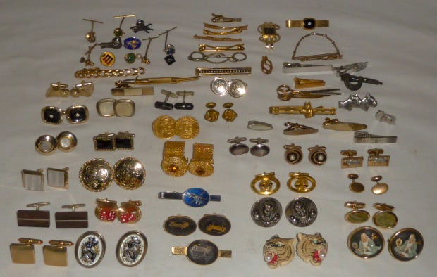 50+ Pieces of Vintage Cufflinks - Tie Tacks - Tie Clasps Etc.: Over 50 pieces of Vintage cufflinks - tie pins and tie clasps. Most are from the 1950's and 1960's. There's a Tiger Head cufflink set, Dragon cufflink set, Red Dice Spinner cufflink set, Krementz cuff