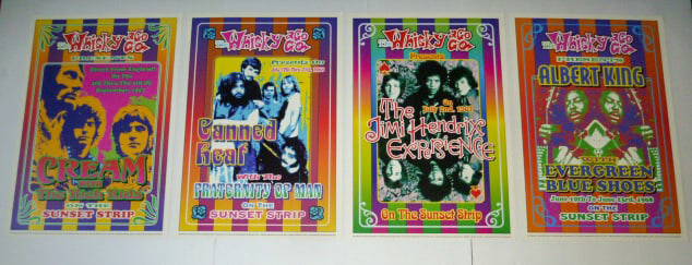 Jimi Hendrix Experience , Cream, Canned Heat and Albert King : 4 Dennis Loren Wiskey-A-Go-Go Posters: Poster designs and illustrations by Dennis Loren 1999 , published by Electric Posters, with permission of Whiskey-A-Go-Go. To commerate the 35th anniversary of Whiskey-A-Go-Go. Measures approximately