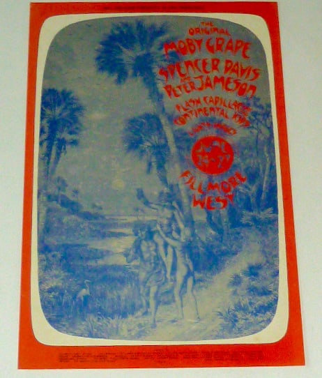 Moby Grape - Spencer Davis 1971 Original Fillmore Poster - Artist & Designer David Singer: This noble savage sketch advertised Moby Grape and Spencer Davis who performed in the final days of the Fillmore West. Artist David Singer bowed to the big-picture style of the early Fillmore posters