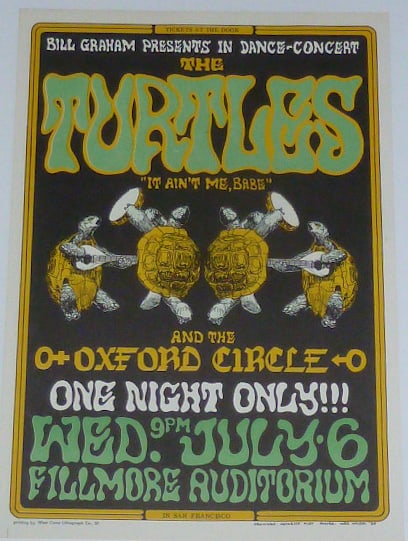 The Turtles - Oxford Circle - Bill Graham #15 Rock & Roll Poster - Artist Wes Wilson & Heinrich Kley: The appearance here by the popular pop-rock Turtles became one of the few non-San Francisco bands to apppear at an early Bill Graham concert.Heinrich Kley contributted the art work to Wilson's design.