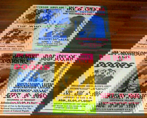 5 Rock & Roll Posters: Jimi Hendrix-The Doors-Jefferson Ariplane & the Who-Bob Dylan-Ike & Tina: Five Vintage Rock & Roll Posters from your favorite bands. Framed they will enhance any room. Various sizes and condition, most approximately 14" by 22". From a renowned collector of Rock & Roll memor