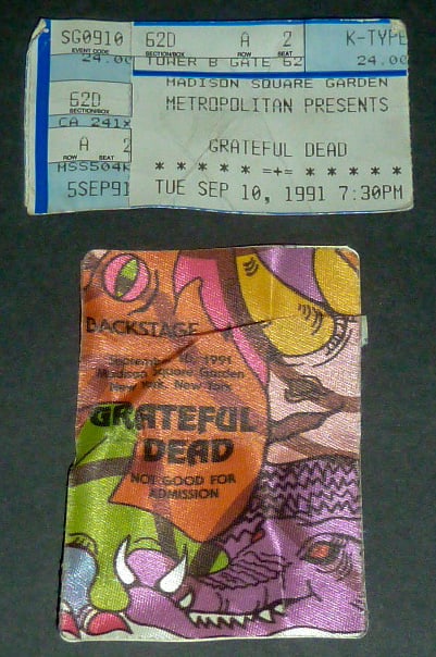 Grateful Dead - Offical Back Stage Pass - Ticket Stub: September 10th 1991, Grateful Dead, Back Stage Pass with Ticket Stub (Madison Square Garden). This is one of several lots in this sale that feature different Grateful Dead Back Stage passes and ticket
