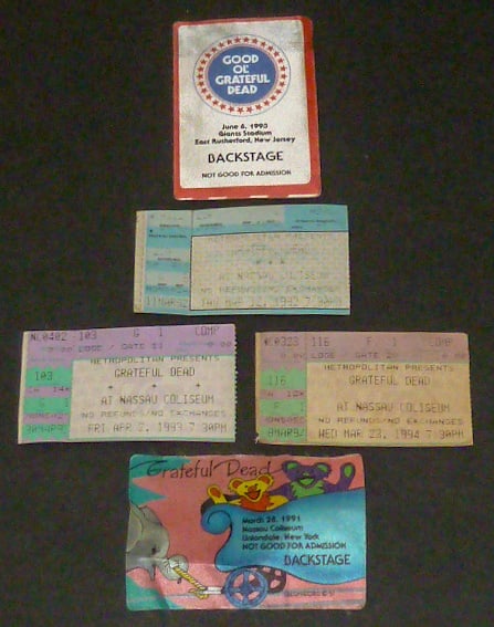 Grateful Dead - TWO Offical Back Stage Pass - THREE Ticket Stubs: Two Back stage passes 1. March 28th, 1991 at Nassau Coliseum 2. June 6th , 1993 at Giants Stadium and three ticket stubs 1. March 12th, 1992 . 2. April 2nd, 1993. 3. March 23rd., 1994 all at Nassau Co