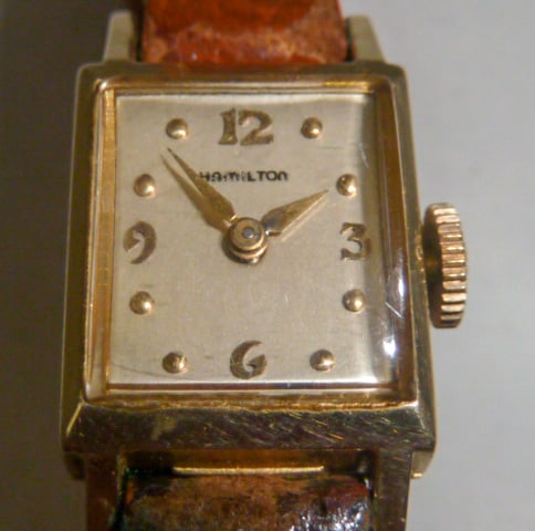 Vintage 1960's 14kt. Solid Gold Hamilton Womans Seventeen Jewels Wrist Watch: Hamilton 14kt. Ladies wrist watch , grade 750, 17 jewels, domed crystal , running but not guaranteed for accuracy. As found estate condition . Please use photos as part of the description. The absence