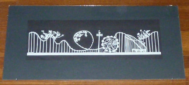 Diana Bryan (1942-2010) NY Illustrator - Roller-Coaster - Paper Cutout Art - Village Voice Newspaper: This is a hand-cut paper Roller-Coaster silhouette that was done with a special exacto knife, used by Diana Bryan for The Village Voice Newspaper in 1980. She would cut the figure out of a special typ