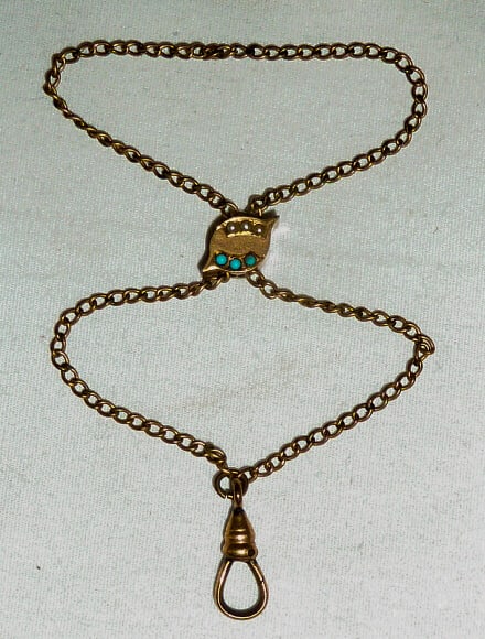 Antique Victorian Gold-Filled Watch Chain with Turquoise w/ Pearls Slide - Signed: A very fine Victorian watch chain with turquoise & pearl slide. Measures10" long. I see no damage or repairs. Signed DFB. This would fit into anyone's collection. Or wear it together with your pocket 