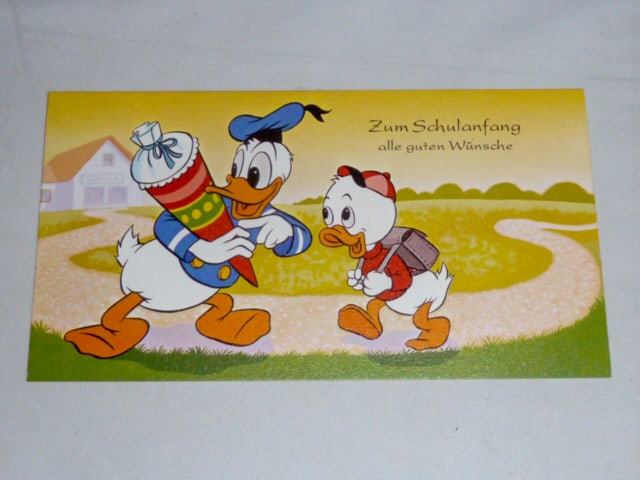 1940's Donal Duck and Nephew - Best Wishes for Back To School - Germany: Unsued 1940's Donald Duck - Greeting card written in the German language: Zum Schulanfang alle guten Wunsche - That translates to: All the best wishes for the start of school. Has the original mailing