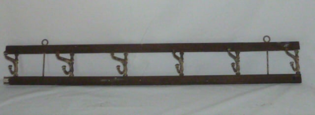 Antique American Wall-Mount Swivel Hook Coat Rack - 6 Matching Pivoting Iron Hooks: Impressive early 20th century coat/hat rack has six matching pivoting iron hooks attached to two wooden rails with iron eye hooks. Dimensions: 29 1/2" wide 4 1/4" tall and depth of hooks 3". One of tw