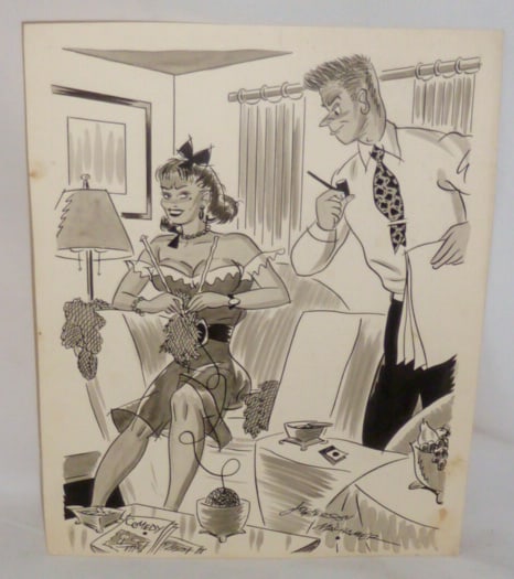 Jefferson Machamer ( 1900- 1960) Original Illustration Art - Timely Features, Inc. N.Y.: Jefferson Machamer, Humorama Art, a highly regarded cartoonist. Original art work. Measures 10" by 12 1/4". Signed by the artist lower right with notations on back. As found estate condition . Please 
