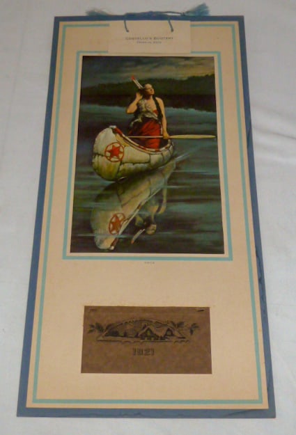 Antique 1921 Calendar -Necia Indian Maiden in Canoe - Costello's Bootery - Brown & Bigelow: This unused old store stock 1921 advertising calendar was given away by Costello's Bootery , in Franklin Mass.. has all the months... I believe the print of Necia was done by Brown & Bigelowâ€¦ Co