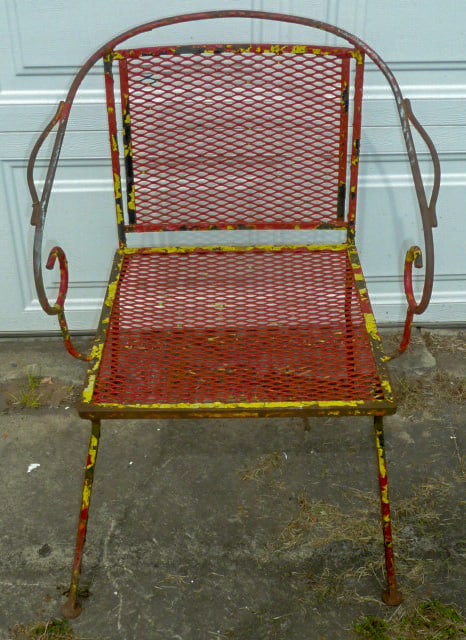 Vintage Wrought Iron Diamond Pattern Outdoor Patio/Garden Chair: Classic wrought iron mesh chair with a weatherd look. From years of painting this beauty has that Carnival of Colors look. Ready for your paio or anywhere outdoors. Measurements : 30 1/2"tall by 22" w