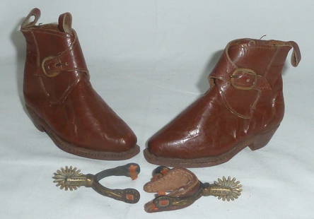 1920's Salesmans Sample Leather Riding Boots & Spurs: Adorable brown leather riding boots with wrap around buckle. and spurs that attach to back of boot. Boots apear to be in pristine condition, leather is soft and supple. No damage that I can see. The