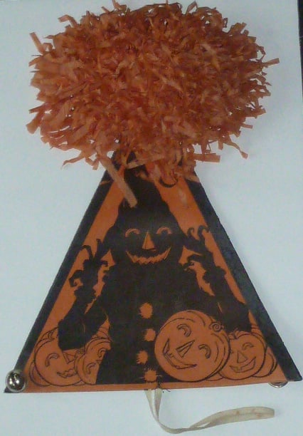 Extremely Rare Kirby Mfg. Co. Halloween Hat - Figural Scarecrow - Jack-O-Lantern W/ Orange Pom-Pom &: This vintage 1920's original Halloween Party Hat was made by The Kirby Manufacturing Co. , Middletown , Conn. Patent applied for "TOYS WITH BELLS". The Halloween party hat has incredible graphics : Fi