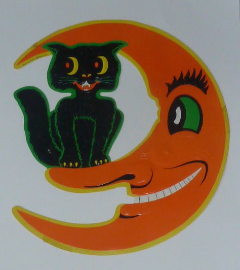 Vintage Halloween Decoration - Embossed - Black Cat On The Moon - Beistle - Made in the USA: Vintage large size Beistle Co. embossed Halloween Plaque Decoration, Cat on the Moon. Measures 12" by 13". Colors are bright and vivid, three pieces of old tape, can hardley notice. As found estate co