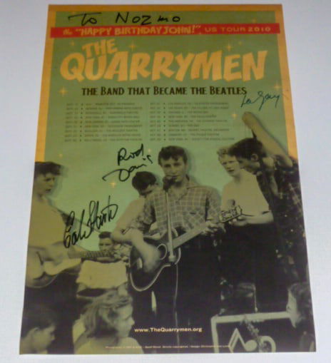 The Quarrymen Signed Poster: A 2010 poster signed To Nozmo by members of The Quarrymen: Len Garry, Colin Hanton and Rod Davis band. John Lennon formed The Quarrymen as a teenager. There were a number of regular and intermittent m