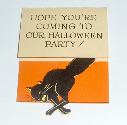 1940's - 50's Halloween Party Invitation Card - Scary Black Cat & Envelope: 1950's vintage unused Halloween party invitation card with envelope. Graphics are great mid century modern with a scary black cat scurrying across an orange and cream color card. Invitation card simpl