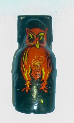 1930's Lithograph Black Metal Halloween Owl Clicker: 1930's Halloween Metal Owl Clicker in bright orange, yellow and black metal. Signed German across front under paint .Measures 1 3/4" high by 3/4" wide. Pristine paint. As found estate condition . Plea