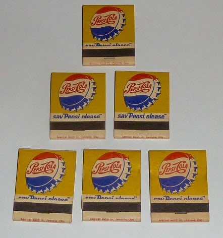 1950's Pepsi-Cola Set Of Six - Un-Used & Un-Opened Matchbook: The set of Six Pepsi-Cola Matchbooks/Matches have never been used and have nevr been opened. Time travel and it's 1950's all over again. Matchbooks Measure 1 1/2" by 2". As found estate condition . Pl