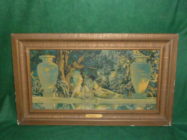 MAXFIELD PARRISH "THE GARDEN OF ALLAH" ORIG FRAME 1919: THIS MAXFIELD PARRISH PRINT IS IN THE ORIGINAL FRAME WITH TITLE PLAQUE "THE GARDEN OF ALLAH" GIFT OF THE HARMONIC CIRCLE 1919 .FROM THE ORIGINAL OWNERS HOME.VIBRIANT COLORS IN AS FOUND ESTATE CONDITIO