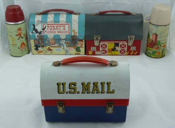 3 METAL DOME LUNCHBOXES : PORKY'S US MAIL BARN THERMOS (1 of 3)