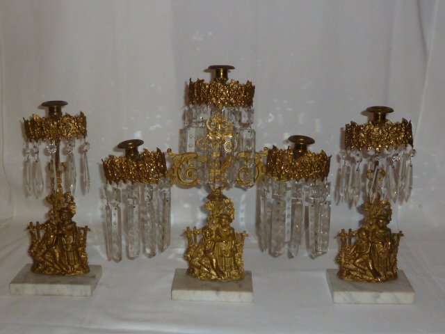 ANTIQUE GILT BRONZE SET OF GIRANDOLES W/MARBLE BASES: SHOWING A THREE PIECE SET OF ANTIQUE GILT BRONZE GIRANDOLES - BOY AND GIRL - BIRDS -BIRDS NEST WITH TINY EGGS AND MARBLE BASES. EXCELLENT AS FOUND ESTATE CONDITION