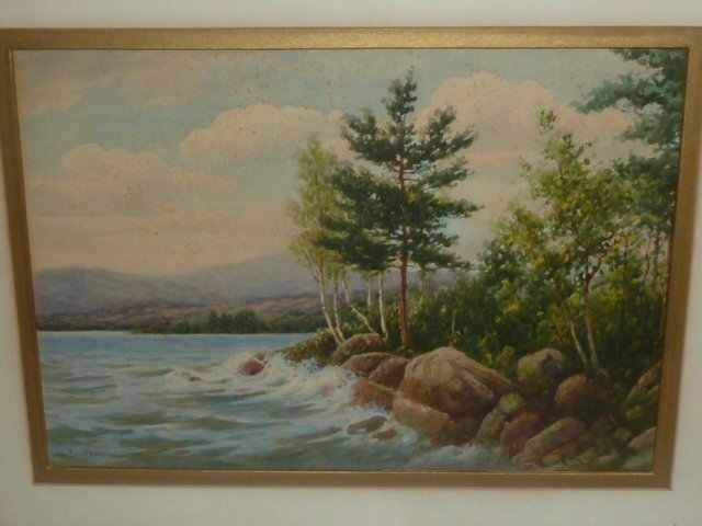 FRAMED WATERCOLOR - COASTLINE - WILLIAM PASKELL: SHOWING A GALLERY FRAMED WATERCOLOR OF COASTLINE BY WILLIAM FREDERICK PASKELL .EXCELLENT AS FOUND ESTATE CONDITION.