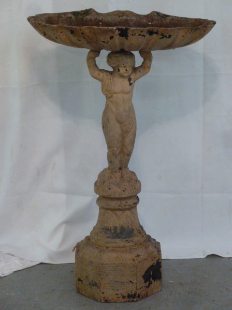 VINTAGE CAST IRON BIRD BATH WITH CHERUB: SHOWING A VINTAGE CAST IRON BIRD BATH WITH CHERUB HOLDING SHELL TOP. EXCELLENT AS FOUND ESTATE CONDITION.