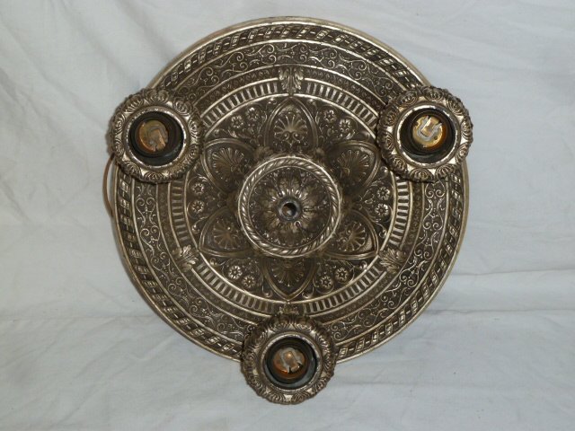 ORNATE BRONZE THREE LIGHT CEILING FIXTURE 1920'S: SHOWING AN ORNATE THREE LIGHT BRONZE CEILING FIXTURE.EXCELLENT AS FOUND ESTATE CONDITION.