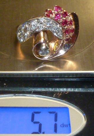 ROSE GOLD PLATINIUM DIAMONDS & RUBY RETRO RING (1 of 3)
