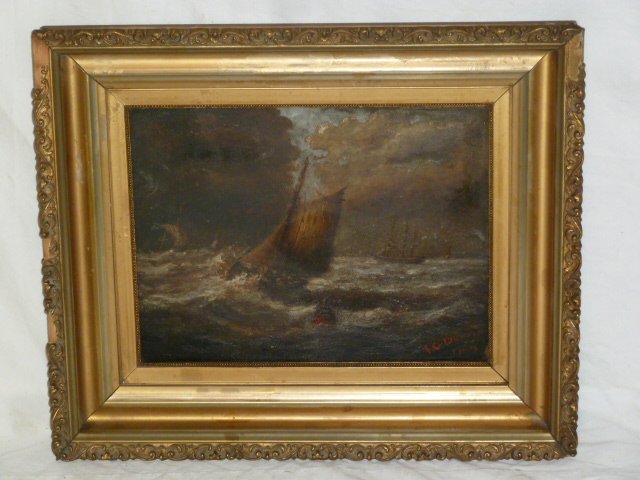 1900'S OIL PAINTING "SHIPS ON ROUGH SEA" SIGNED (1 of 6)