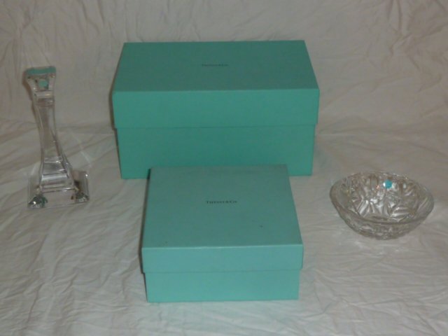 TIFFANY CRYSTAL CANDLE STICK AND CANDY DISH ORIG. BOXES (1 of 4)