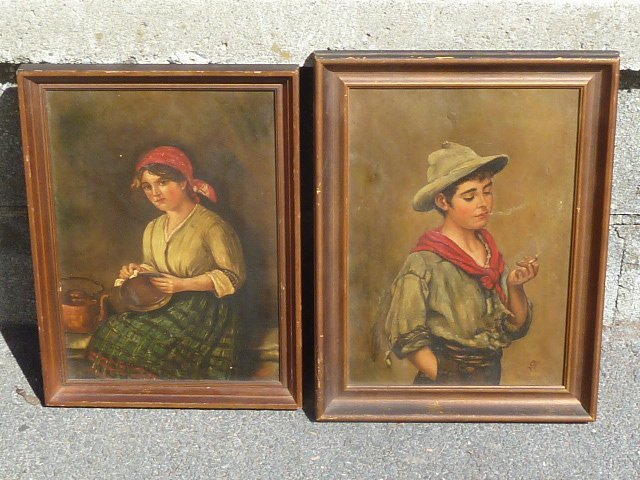 2 OIL PAINTINGS STREET URCHIN SMOKING - PEASANT WOMAN: SHOWING TWO WELL-EXECUTED OIL PAINTINGS,ONE IS A YOUNG GIRL STREET URCHIN SMOKING,INITIALED LOWER RIGHT D.C.B. THE OTHER IS A YOUNG PEASANT GIRL CLEANING COPPER POTS, ILLEGIBLE SIGNATURE. CIRCA 1900'S