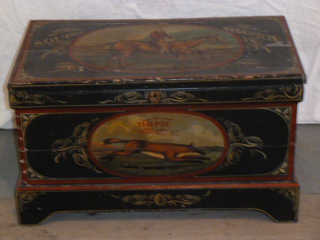 MID 19TH C. PAINT DECORATED CHEST RIDING SCENE: SHOWING A MID 19TH CENTURY PAINT DECORATED CHEST WITH RIDING SCENE "SQUIRE KENESTON", BRACKET BASE , HAND WROUGHT HINGES .MEASURES 33 1/2" BY 19" DEEP AND 19 1/2" HIGH . AS FOUND ESTATE CONDITION.PLEA
