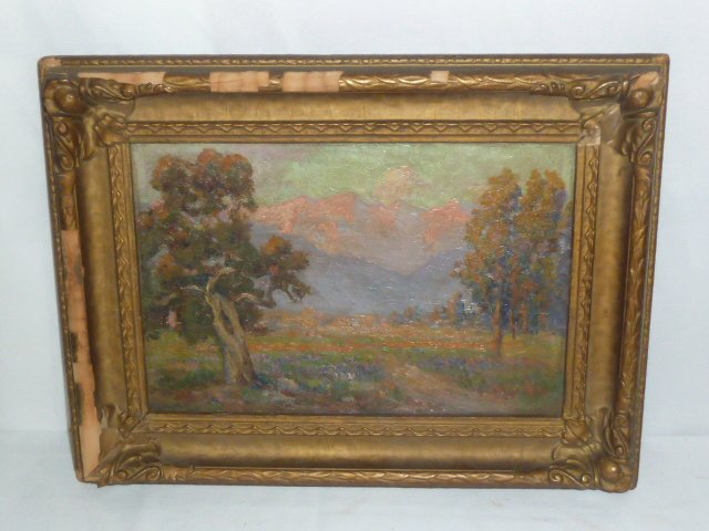 OIL PAINTING CALIFORNIA IMPRESSIONIST SUNSET GLOW: SHOWING A OIL PAINTING , CALIFORNIA IMPRESSIONIST ,"SUNSET GLOW" CIRCA 1920'S ATTRIBUTED TO GRANVILLE REDMOND . AS FOUND ESTATE CONDITION.PLEASE USE PHOTOS AS PART OF THE DESCRIPTION. THE ABSENCE OF A
