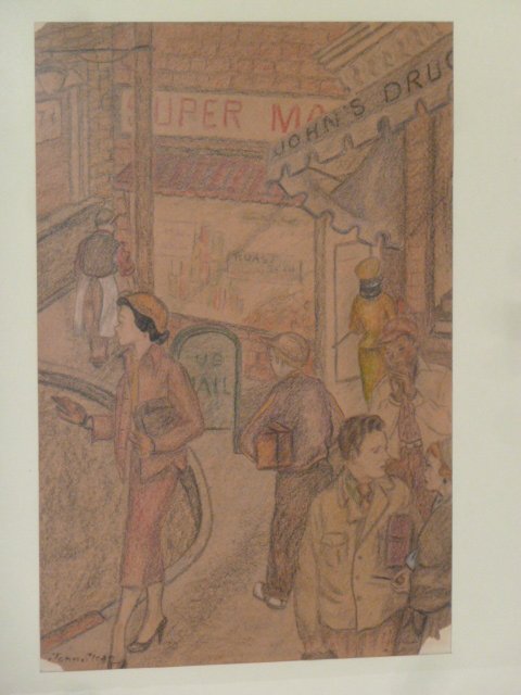 DRAWING CRAYONS ON PAPER JOHN SLOAN CITYSCAPE: SHOWING A DRAWING ; CRAYONS ON PAPER BY JOHN SLOAN , CITYSCAPE , MEASURES FRAME 26" BY 20" , IMAGE 17 1/4" BY 11 1/2" . AS FOUND ESTATE CONDITION.PLEASE USE PHOTOS AS PART OF THE DESCRIPTION. THE ABSE