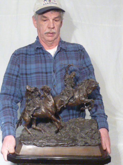 ANTIQUE RUSSIAN EQUESTRIAN BRONZE GROUP VASSILI GRACHEV: SHOWING A RUSSIAN EQUESTRIAN BRONZE GROUP OF TWO COSSACK HORSEMEN .CAST BY WOERFFEL FROM THE MODEL BY VASSILI YACOVLEVICH GRACHEV . FOUNDRY MARK FABR. C.F.WOERFFEL . MEASURES . PLEASE USE PHOTOS AS PA