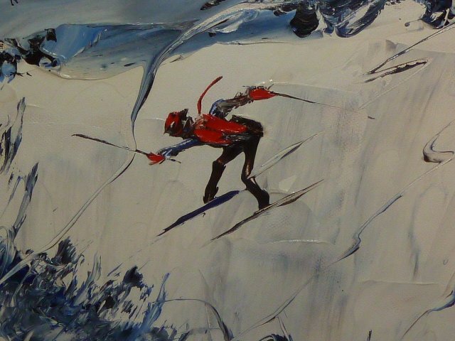 MORRIS KATZ SIGNED PAINTING "SKIER": SHOWING A ORIGINAL OIL ON ARTIST BOARD OF SKIER , SIGNED MORRIS KATZ . IMAGE MEASURES 23 1/2" X 19 1/2" FRAMED 31" X 27 1/2" . THE ABSENCE OF A CONDITION REPORT DOES NOT GUARANTEE EXCELLENT CONDITION.