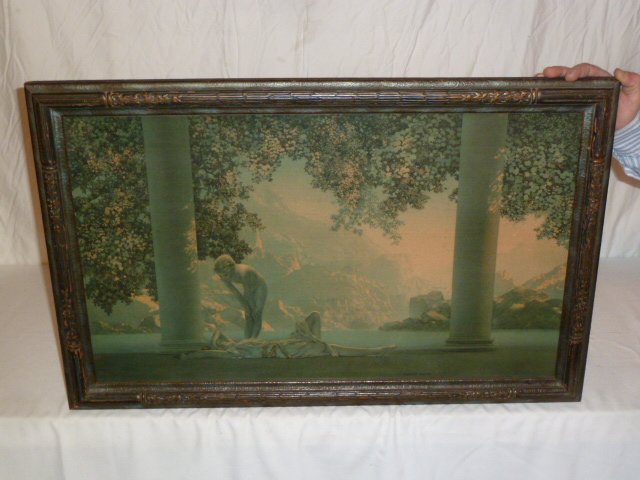 MAXFIELD PARISH PRINT ORIGINAL FRAME: SHOWING A MAXFIELD PARRISH PRINT IN ORIGINAL FRAME . IMAGE MEASURES 29" BY 18" . THE ABSENCE OF A CONDITION REPORT DOES NOT GUARANTEE EXCELLENT CONDITION.PLEASE CONTACT US FOR AN IN HAND EVALUATION OR