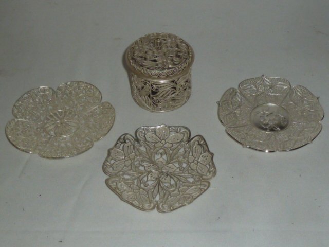 FOUR PIECE SILVER LOT 3 SM PLATES 1 COVERED JAR (1 of 7)
