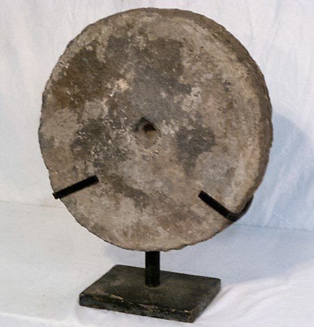 EARLY 19TH C GRIST MILL STONE CUSTOM IRON DISPLAY (1 of 4)