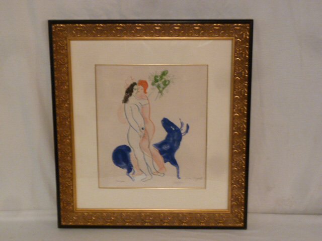 MARC CHAGALL SIGNED LITHOGRAPH 26/300: SHOWING A MARC CHAGALL SIGNED LITHOGRAPH , EDITION 26/300 GALLERY FRAMED. IMAGE MEASURES 15 1/4" BY 17 3/8" FRAMED MEASURES 27" BY 29" . AS FOUND ESTATE CONDITION.PLEASE USE PHOTOS AS PART OF THE DESC