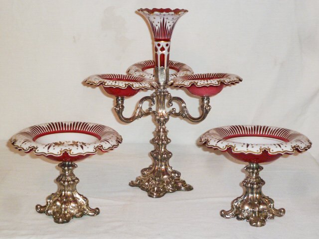 STERLING & BOHEMIAN GLASS EPERGNE SERVING SET 1870'S: SHOWING A THREE PIECE STERLING SILVER AND BOHEMIAN EPERGNE SERVING SET CIRCA 1870'S . THIS FABULOUS SET HAS WHITE CUT TO RED BOHEMIAN GLASS WITH A TOUCH OF GOLD. INSET IN STERLING SILVER HOLDERS . MEA