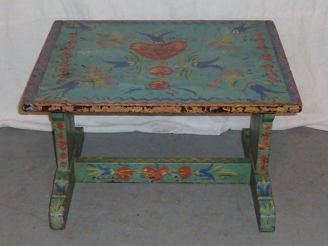 PAINT DECORATED COUNTRY SIDE TABLE: SHOWING A PAINT DECORATED COUNTRY SIDE TABLE. DECORATED WITH HEARTS AND FLOWERS AND FRUIT . BREAD BOARD ENDS , SHOE FEET ATTRIBUTED TO PETER HUNT . MEASURES 25" WIDE BY 20" DEEP AND 15 3/8" TALL. AS F