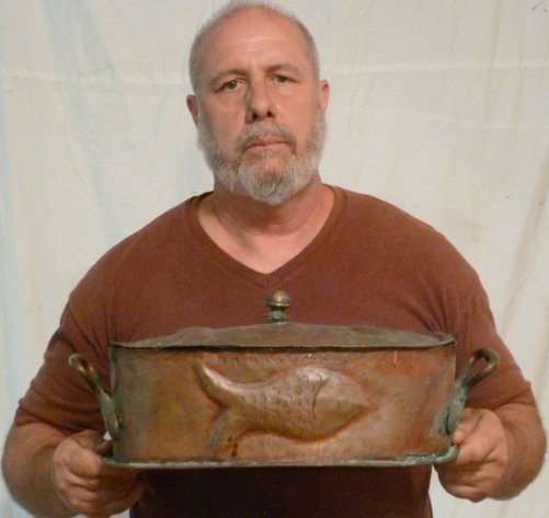 19TH. C. 2 HANDLE LIDDED COPPER POT EMBOSSED FISH (1 of 8)